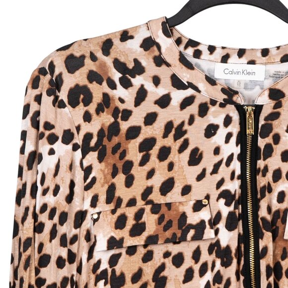 Calvin Klein Leopard Print Blouse Womens XL Roll Tab Sleeve Zipper Front Brown - Picture 2 of 6